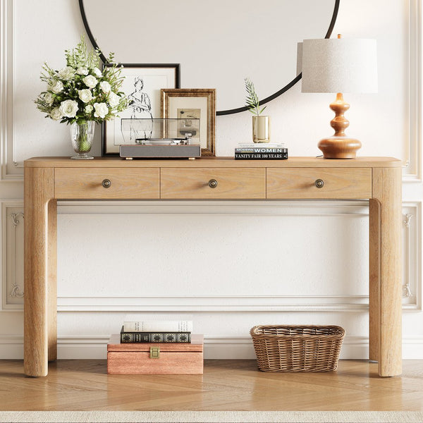 English Elm Trexm Rustic Oak Entryway Console Table with Three Drawers and Rounded Rubberwood Legs N715P361525D