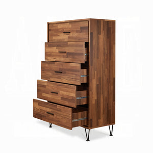 English Elm Walnut 5-Drawer Chest with Sleek Black Metal Legs, Spacious Wood Case-Frame & Smooth Glide Drawers B062P209027