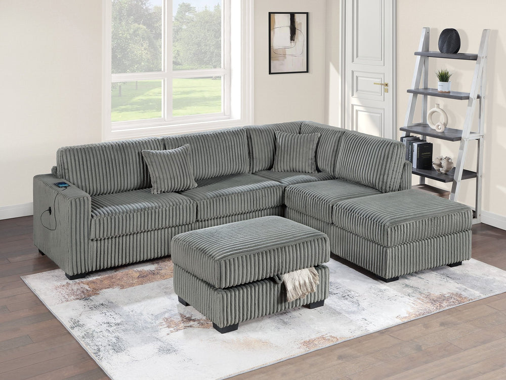 English Elm Smoke 3-Piece Corduroy Sectional Sofa Set with Reversible Chaise, USB & Storage Ottoman, Pillows Included B011S01774