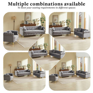 English Elm Velvet Chesterfield Tufted Sofa with Copper Stud Trim and Gold Legs for Glam Living Grey W834S00633