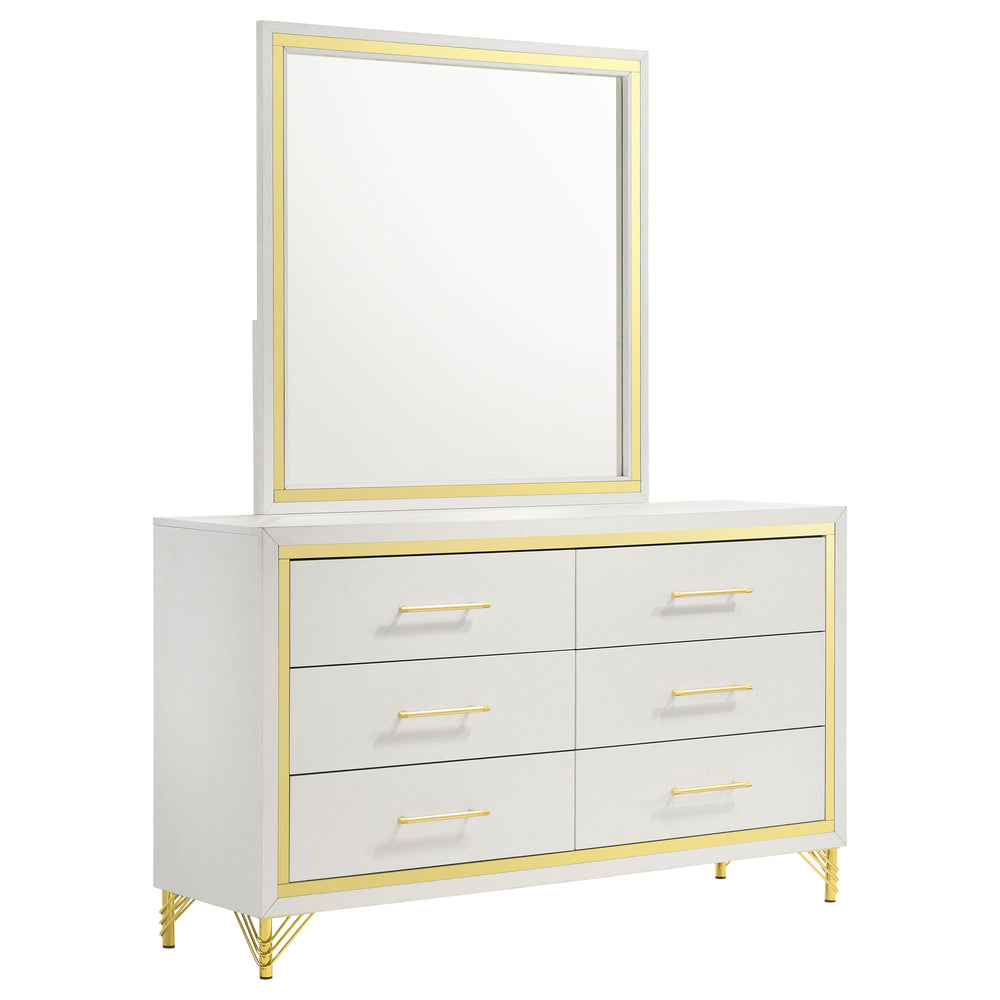 English Elm James White Glam Dresser with Mirror Gold Hardware Six Drawers Bedroom Vanity Set B062S01749