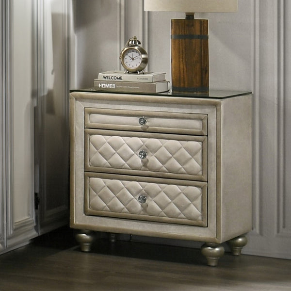 English Elm Beige Velvet Tufted Nightstand with Diamond Pattern Drawers and Crystal Knobs, Wood Frame, Luxurious B062P215408