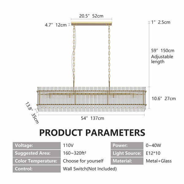 English Elm Modern Rectangular Crystal Glass Chandelier – 10-Light Gold Pendant Fixture For Dining & Living Spaces W1340P332562