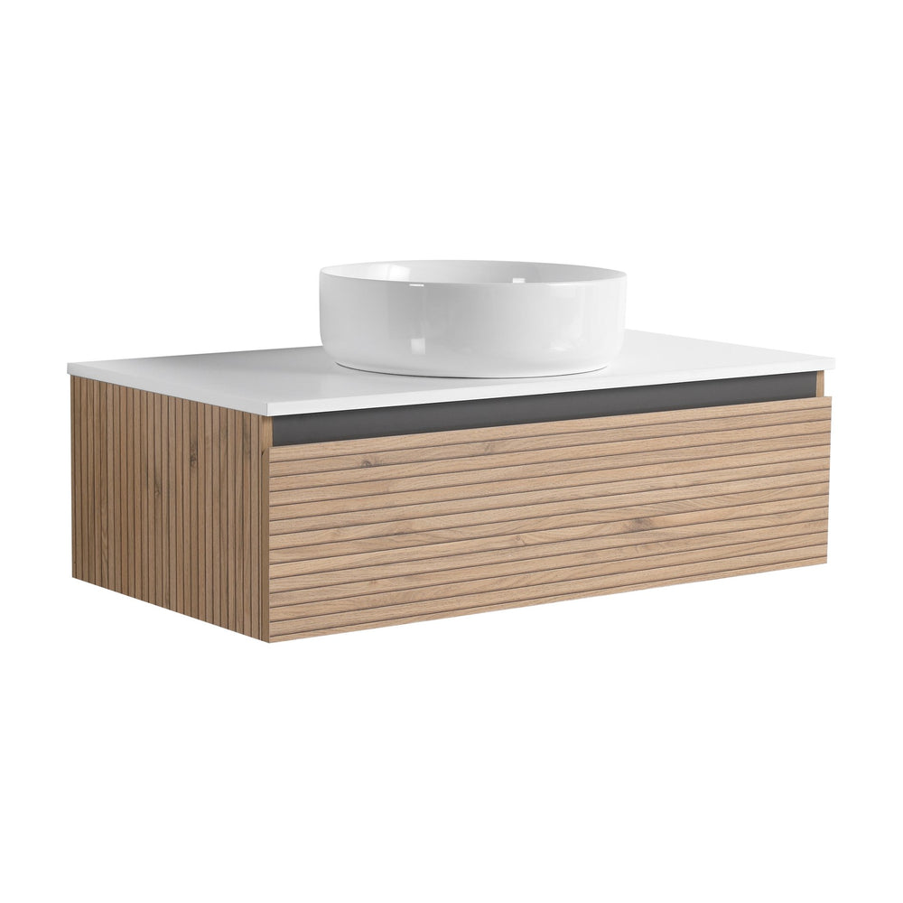 English Elm 36'' Floating Wall Mounted Vanity Plywood Cabinet with Ceramic Vessel Sink Soft Close Drawer W999S00362