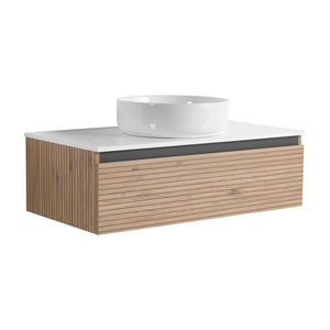 English Elm 36'' Floating Wall Mounted Vanity Plywood Cabinet with Ceramic Vessel Sink Soft Close Drawer W999S00362