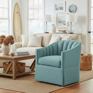 English Elm Solitude Skirted Swivel Accent Chair with Channel Tufting, Durable Polyester, 360° Metal Swivel, Plush Coil Seat Light Blue B050P390592