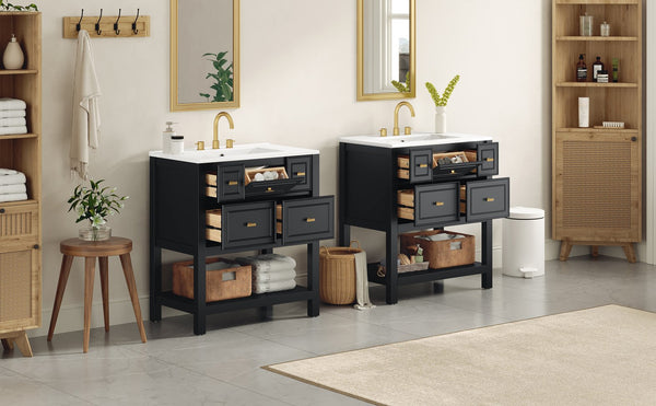 English Elm 60'' Elegant Freestanding Bathroom Vanity Set With Ceramic Sink, Solid Wood Frame & Ample Storage N710SS00004B