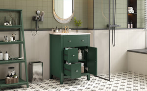 English Elm 24" Modern Bathroom Vanity with Ceramic Basin, French Country Cross-Grid Design & Soft-Close Drawers Green N710P280655F