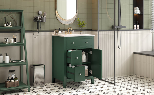 English Elm 24" Modern Bathroom Vanity with Ceramic Basin, French Country Cross-Grid Design & Soft-Close Drawers Green N710P280655F