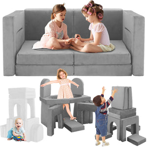 English Elm 12 Piece Modular Foam Play Couch Set Velvet Convertible Sofa Fort for Kids Playroom Light Gray T5880P493403