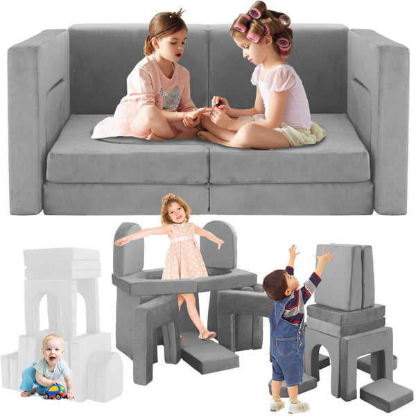 English Elm 12 Piece Modular Foam Play Couch Set Velvet Convertible Sofa Fort for Kids Playroom Light Gray T5880P493403