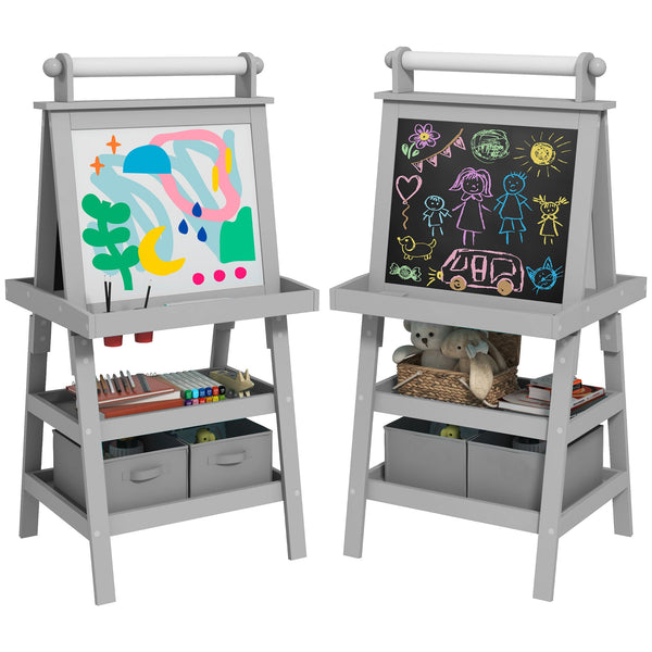 English Elm Qaba Double-Sided Kids Easel with Paper Roll, Magnetic Whiteboard & Chalkboard, Storage Tray Fun Gray W2225P229712