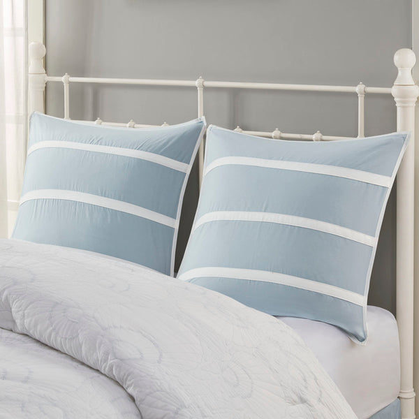 JLA Home Harbor House Blue - Euro Crystal Beach 26x26 Cotton Euro Sham with Embroidered White Stripes, Grey Trim, Coastal Chic Decor HH11-705