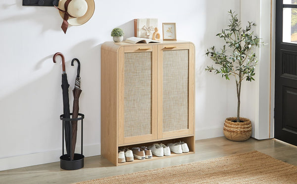 English Elm Rattan Door Shoe Cabinet Six Tier Adjustable Shelving Entryway Storage Organizer Oak W1820P399462