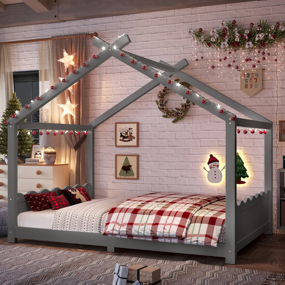 English Elm Twin House Frame Floor Bed Solid Pine Kids Room Montessori Low Profile Play Nook Gray W1580P387843