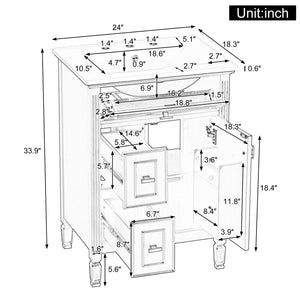 English Elm 24-Inch Bathroom Vanity with Sink, Solid Wood & MDF, Ceramic Top, Gold Handles, Flip Drawer Design Green N725P350824F