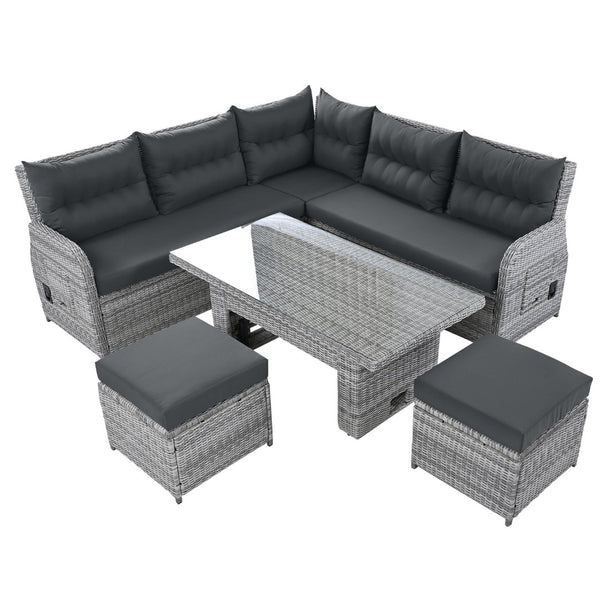 English Elm Outdoor Furniture Set: Modern Rattan Patio Set With Adjustable Recliners, Glass Tables & Ottomans N719Z000120E-GIGA