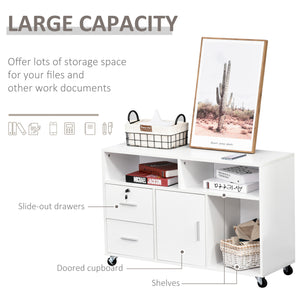 English Elm HOMCOM Mobile Printer Stand & Storage Cabinet with Locking Drawer, 3 Shelves, 4 Casters – White W2225P217762