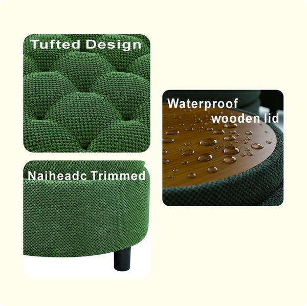 English Elm 25 Inch Round Fabric Pouf Ottoman with Removable Wooden Lid and Hidden Interior Storage Dark Green W5568P461364