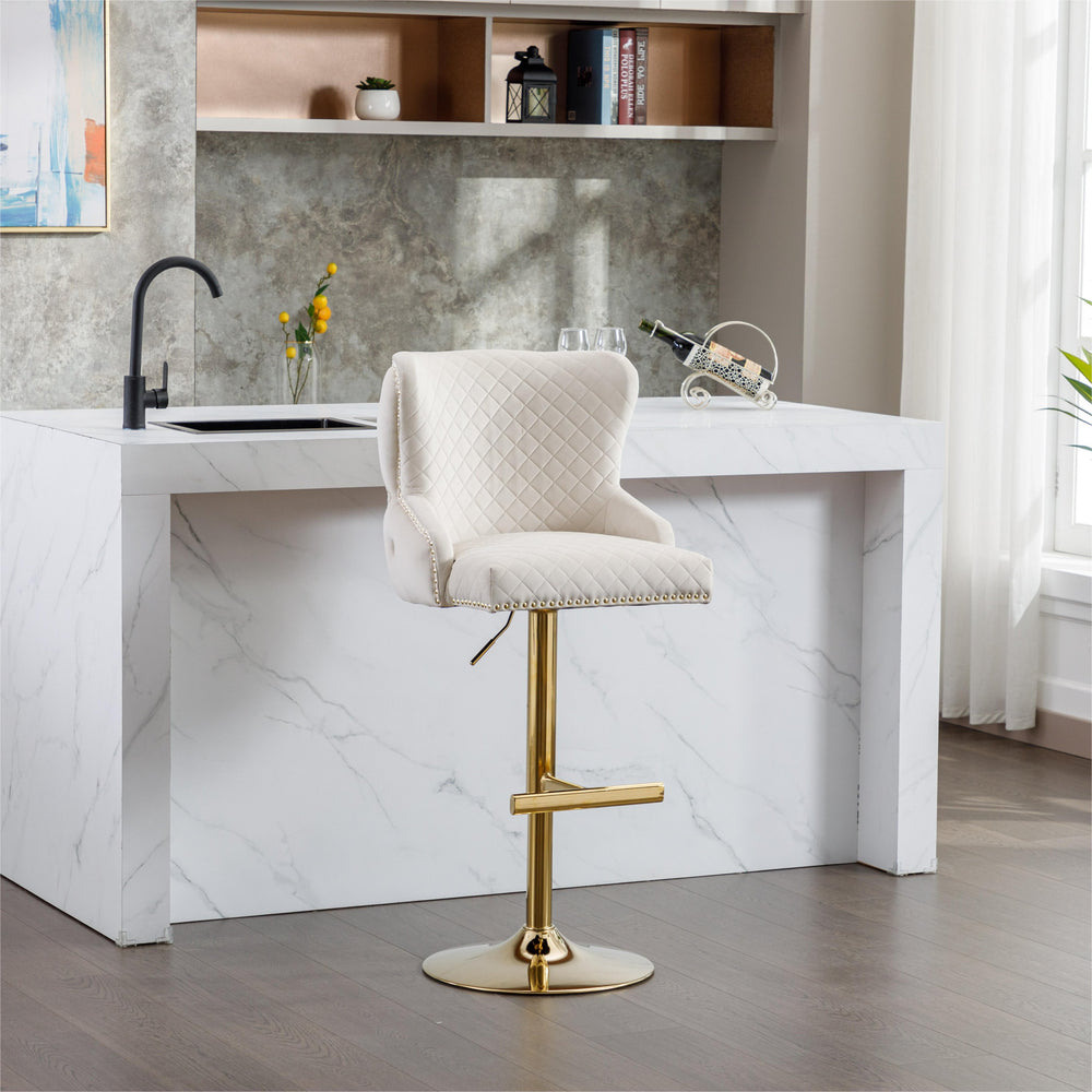 English Elm Hengming Velvet Bar Chair Stool with Plush Sponge Cushion, Gold Lion Head Pull & T‑Leg Base Gorgeous Finish and Anti‑Skid Feet (Set of 1) Beige W212P156699