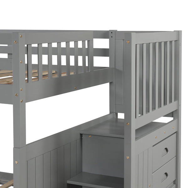 English Elm Full Over Staircase Bunk Bed with Twin Trundle and Built-in Storage Drawers LT000126AAE-1