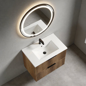 English Elm 30 Inch Floating Bathroom Vanity Fluted Wood Grain Front with Ceramic Integrated Sink W3520S00044