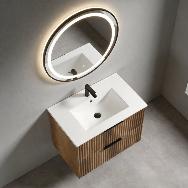 English Elm 30 Inch Floating Bathroom Vanity Fluted Wood Grain Front with Ceramic Integrated Sink W3520S00044