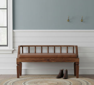 English Elm Artisan Solid Mango Wood Bench with Bordeaux Leather Seat for Bedroom or Entryway B182P430886