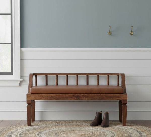 English Elm Artisan Solid Mango Wood Bench with Bordeaux Leather Seat for Bedroom or Entryway B182P430886