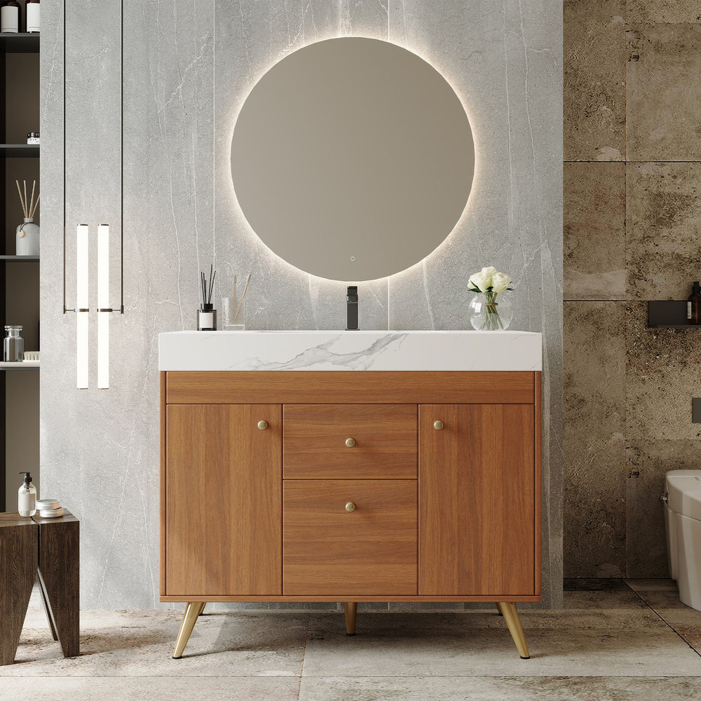 English Elm 36" Freestanding Bathroom Vanity Sintered Stone Top Ceramic Sink Stainless Steel Legs Gold,Walnut,White W3136S00074