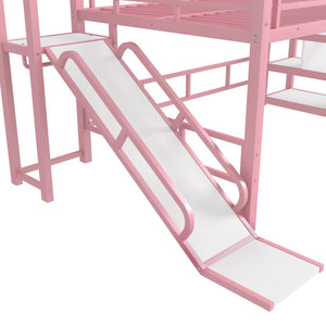 English Elm Full Full House Loft bed with Slide and Stairs, Metal House Play Loft with Storage Shelves and Quiet Design Pink W1580S00351
