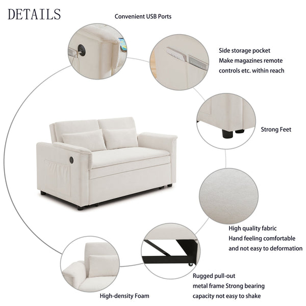 English Elm 55" Velvet Two Seater Pull Out Sofa Bed with USB Ports, Side Pockets, Adjustable Backrest, Compact Lounger Beige W2677P288322