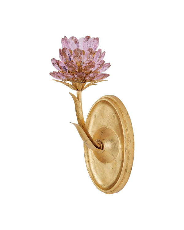 Currey & Company Marilee Double-light Wall Sconce - Elegant Dutch Gold Leaf With Pink Crystal Blossoms For Glow Pink Crystal ,Wrought Iron 5000-0279-currey-company