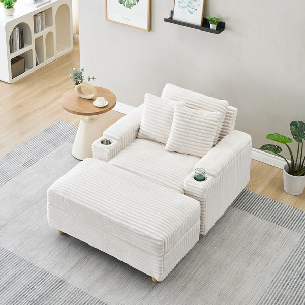 English Elm White Corduroy Single Sofa with Built-In Arm Storage, Ottoman Storage, Removable Covers, 57" W1658S00138