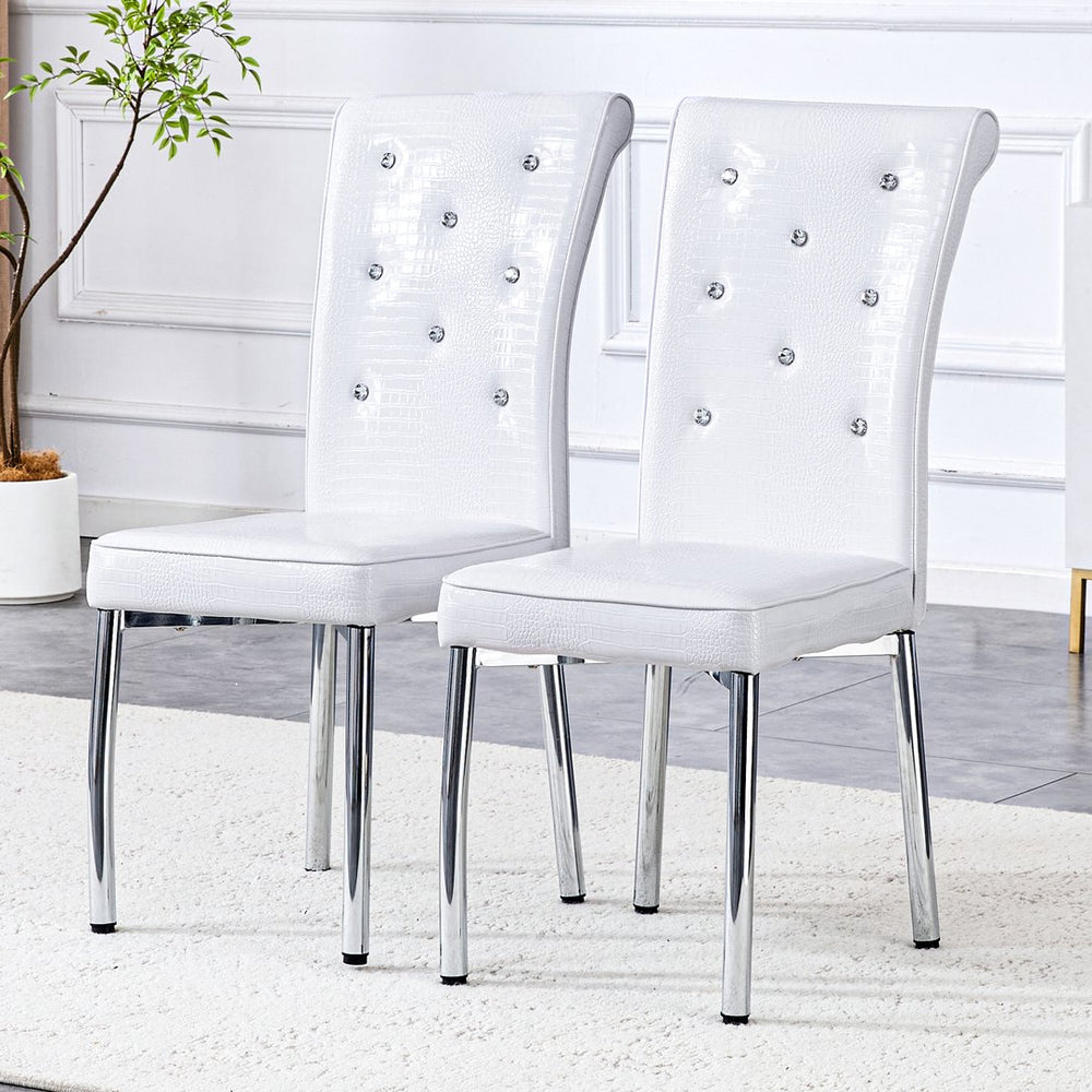 English Elm Set of 4 Glam Faux Leather Dining Chairs with Crystal Buckle and Gold Tone Legs White W3226P311055
