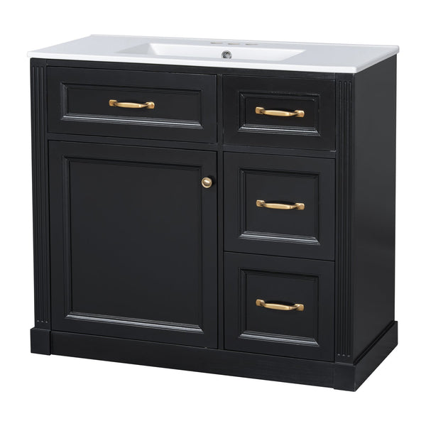 English Elm 36 Inch Bathroom Vanity With Sink & Soft-Close Drawers - Modern Black Cabinet For Smart Storage N725P336549B
