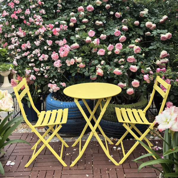 English Elm 3 Piece Outdoor Bistro Set Foldable Steel Cafe Table Chairs Powder Coated Patio Yellow W1586P143143