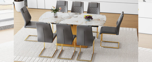 English Elm Table Set: Luxurious 9-Piece Dining Set With Pandora Glass Top, Golden Legs & 8 Gray Pu Chairs For Style W1151S03230-GIGA
