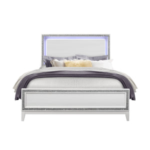 English Elm ALMERA Glam Transitional Full Bed with Crushed Crystal Trim, Solid Wood + MDF Construction, Elegant Finish White 66 L x 33 W x 5 H B201S00103