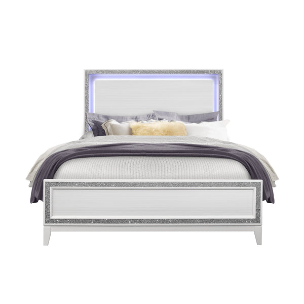 English Elm ALMERA Glam Transitional Full Bed with Crushed Crystal Trim, Solid Wood + MDF Construction, Elegant Finish White 66 L x 33 W x 5 H B201S00103