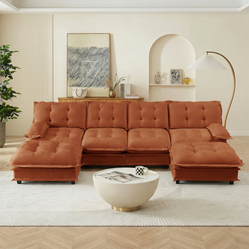 English Elm 138" U-shaped Chenille Cloud Sectional with Ottomans Deep Seat Modular Living Room Sofa Orange W714S01742