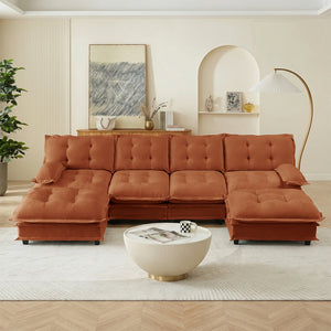 English Elm 138" U-shaped Chenille Cloud Sectional with Ottomans Deep Seat Modular Living Room Sofa Orange W714S01742
