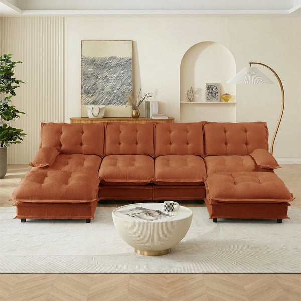 English Elm 138" U-shaped Chenille Cloud Sectional with Ottomans Deep Seat Modular Living Room Sofa Orange W714S01742