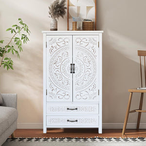 English Elm 27'' Rustic White Tall Tower Storage Cabinet with Carved Accent, Solid Wood Sideboard Drawer Pantry W2295P294585
