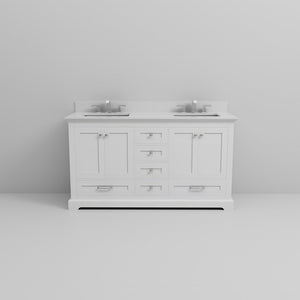 English Elm White Double Bath Vanity 60 in W x 22 in D with White Quartz Top, Soft-Close Storage & Chrome Faucet Set B2731P258370