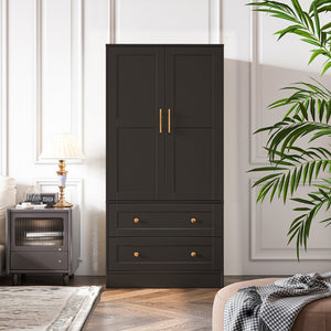 English Elm Shaker Two Door Wardrobe Armoire with Hanging Rod Drawers and Bedroom Storage T3210P477663
