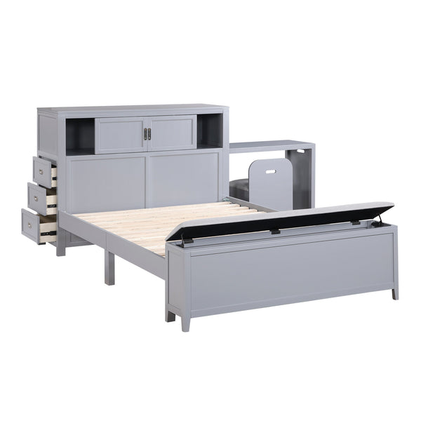 English Elm Gray Full Platform Bed with Bookcase Headboard Fold Out Desk Drawers and Footboard Bench Gray B011S02325