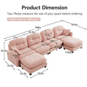 English Elm Modular U-Shaped Sectional Couch With Ottoman, Soft Chenille, Ergonomic Design For Elegant Comfort W714S01393