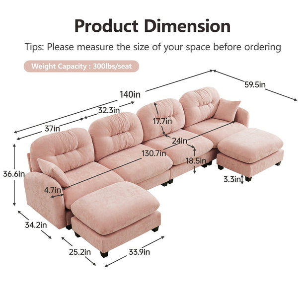 English Elm Modular U-Shaped Sectional Couch With Ottoman, Soft Chenille, Ergonomic Design For Elegant Comfort W714S01393