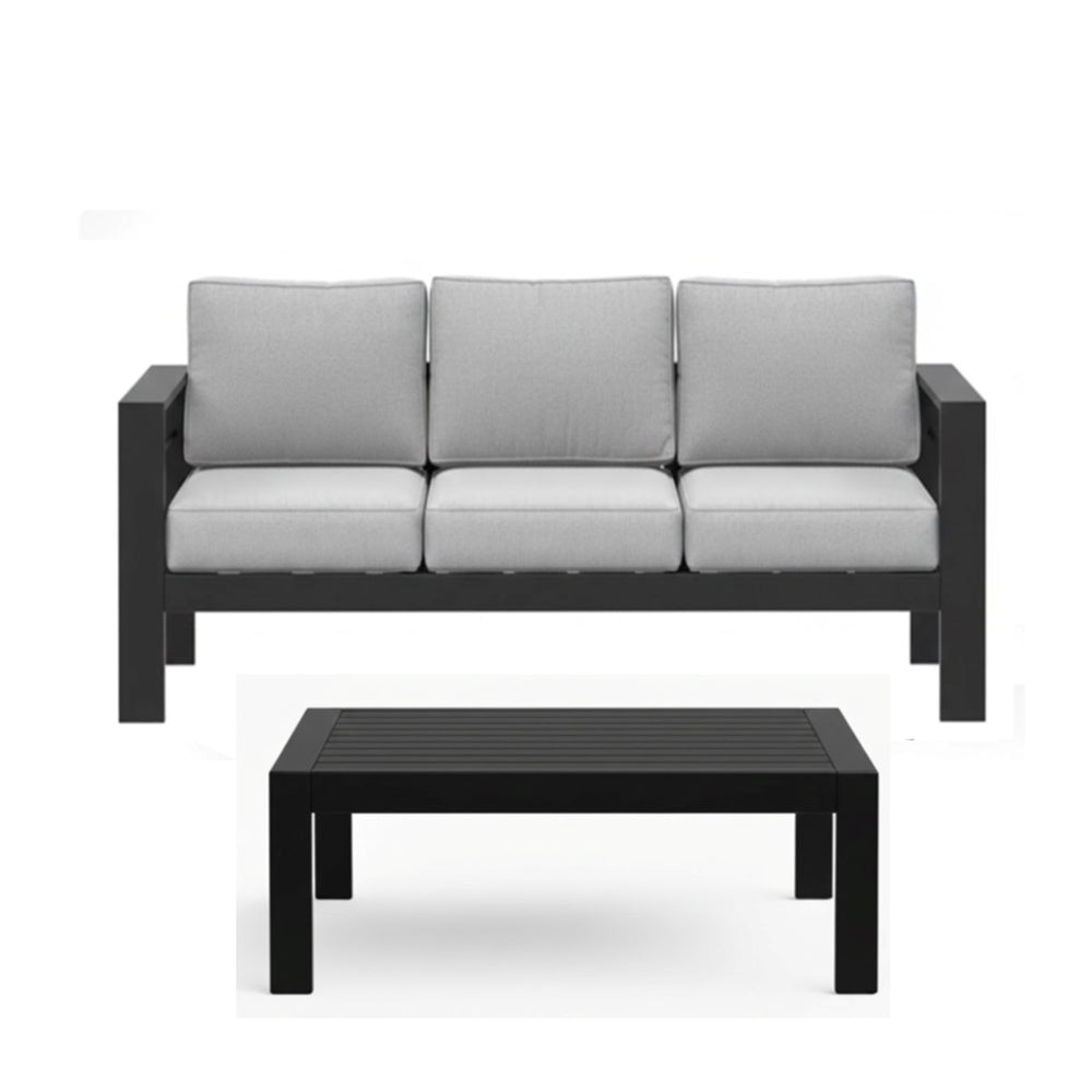 English Elm 2 Piece Outdoor Iron Patio Sofa Set with Thick Cushions and Wood Grain Coffee Table Black+ Gray B082P455117